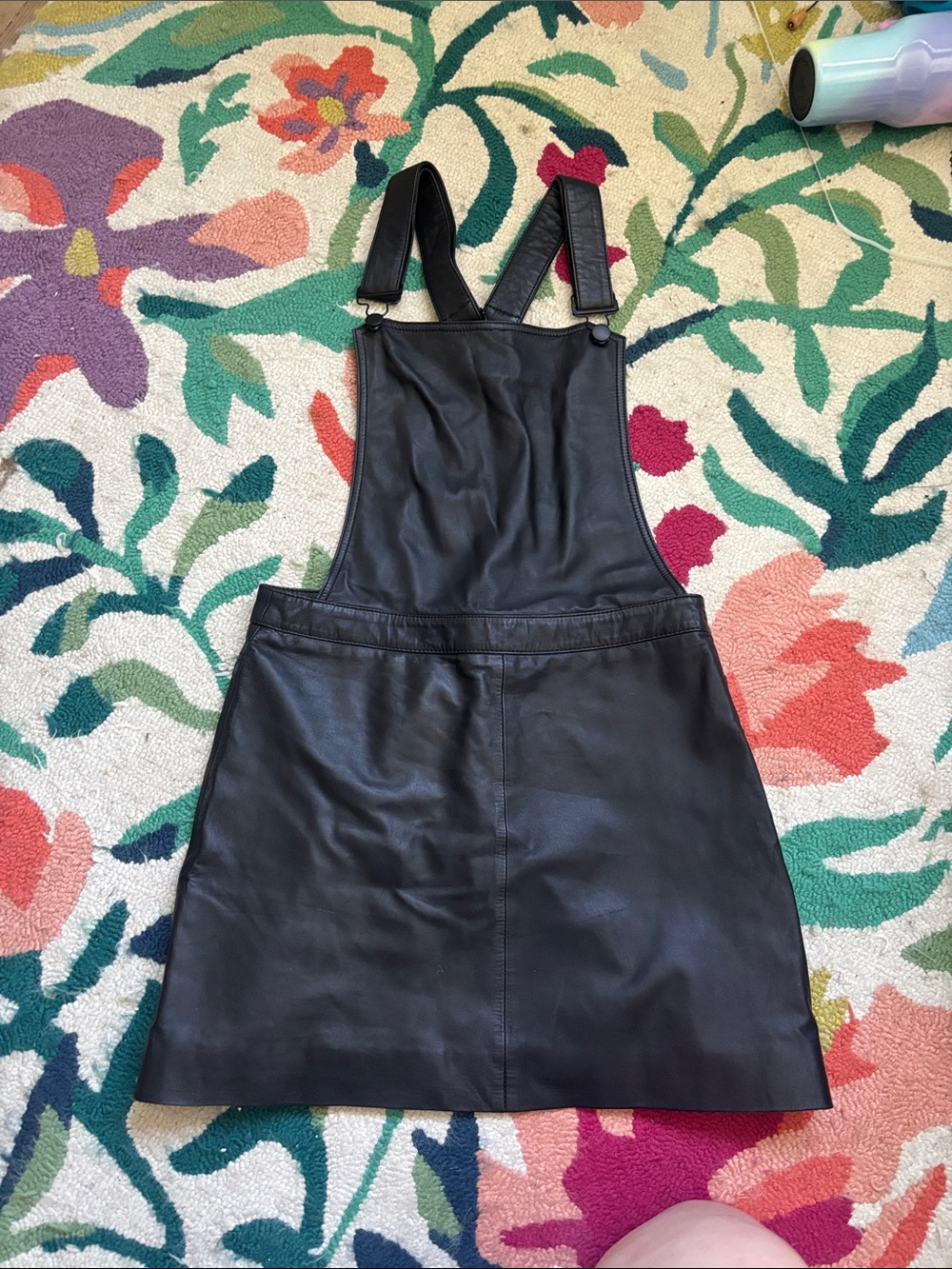 Muubaa Genuine Black Leather Pinafore Mini Dress with Adjustable Straps